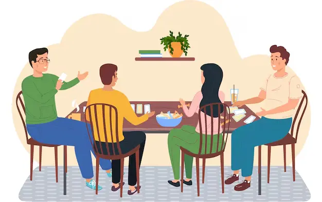 Vrienden zitten samen aan tafel met kaarten en schriften